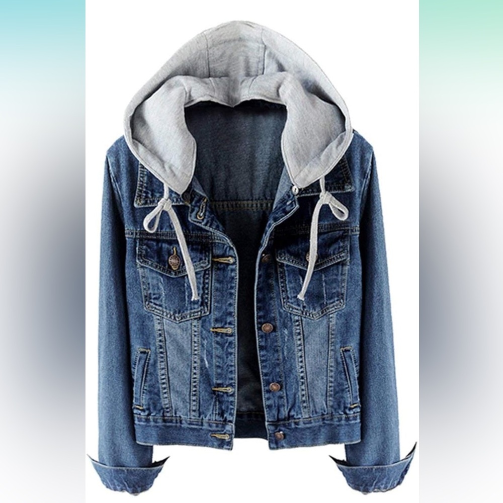 NWOT LifeShe Women's Casual Detachable Hoodie Denim Jacket - Deep Blue, Small